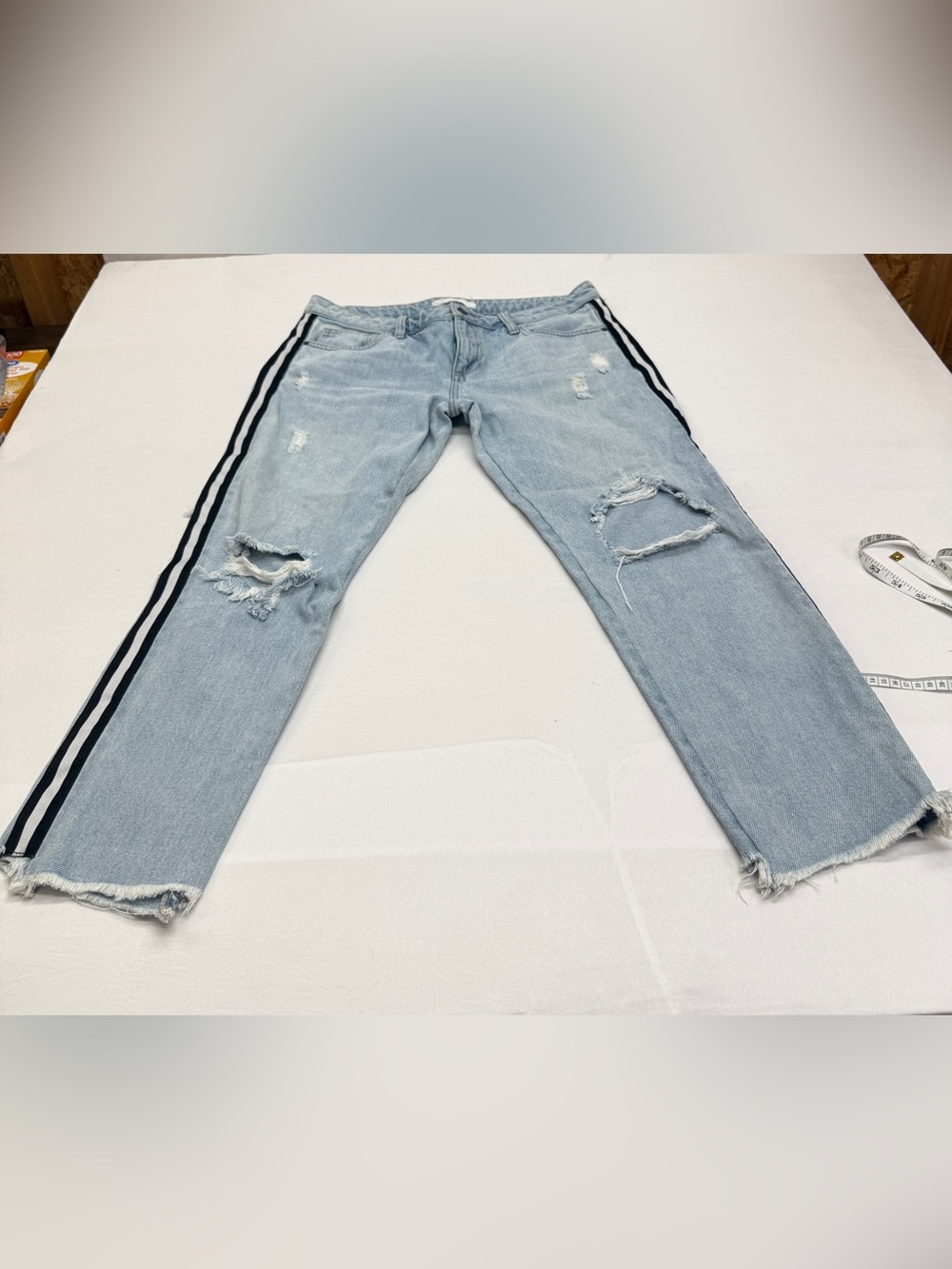 Light Blue Distressed Ankle Jeans with Black Side Stripes